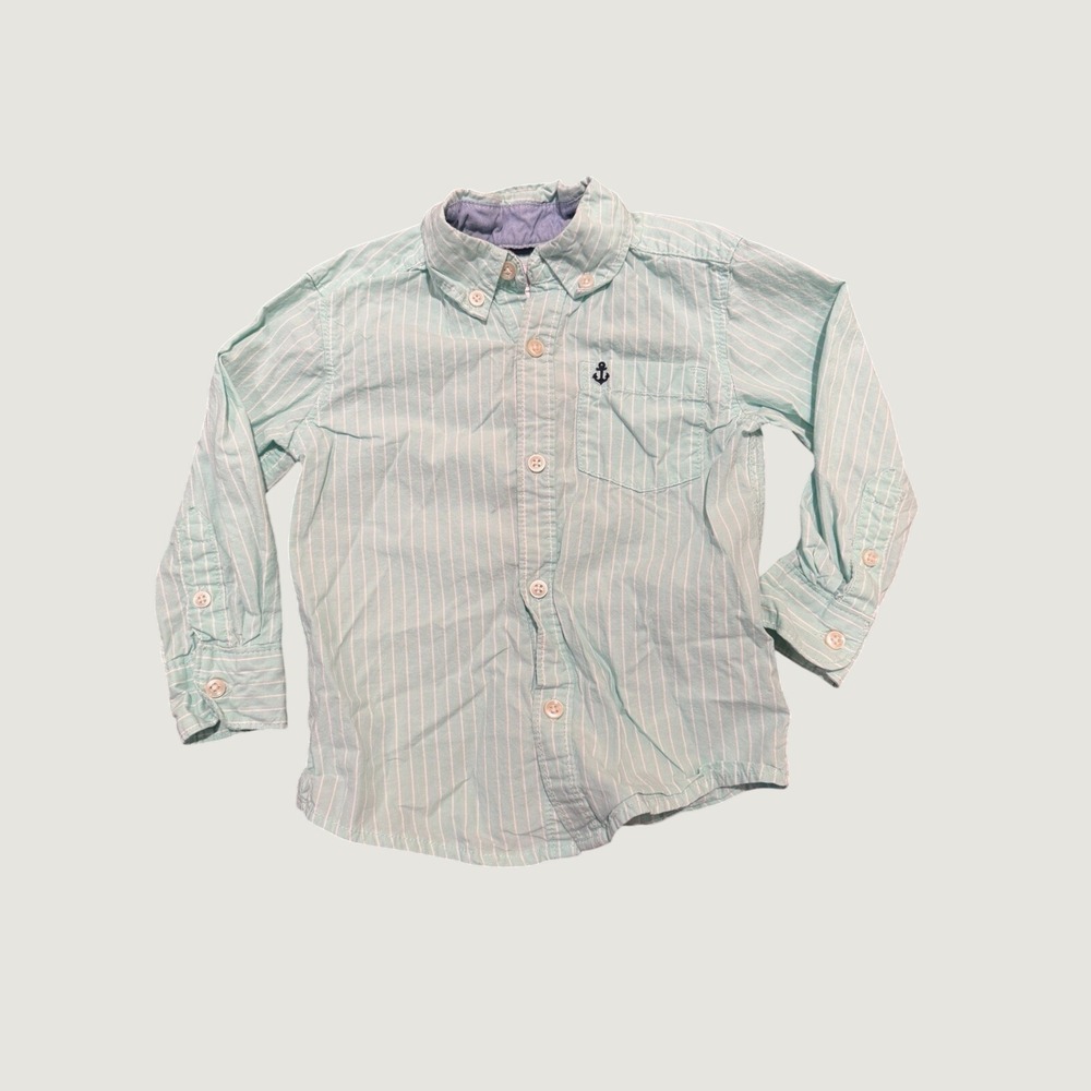 Carters 2T Toddler Green White Stripes Button Up Shirt With Anchor Embroidered